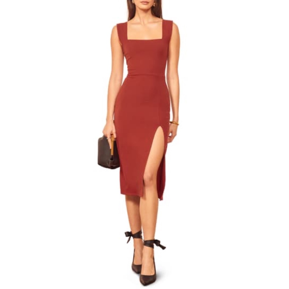 Reformation Rust Red Square Neck Midi Dress